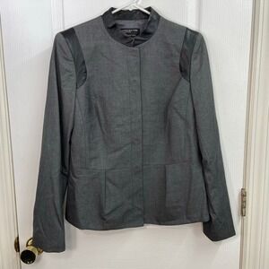 Jones New York gray faux leather mock neck button front blazer jacket stretch 12